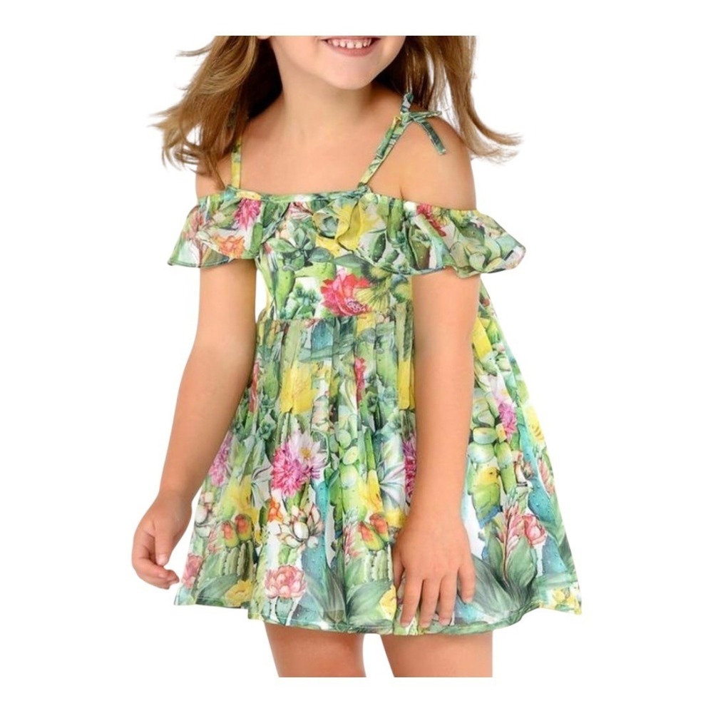 Mayoral Floral Cactus Cold Shoulder Dress Girls Size 8 Green Pink Tropical Boho